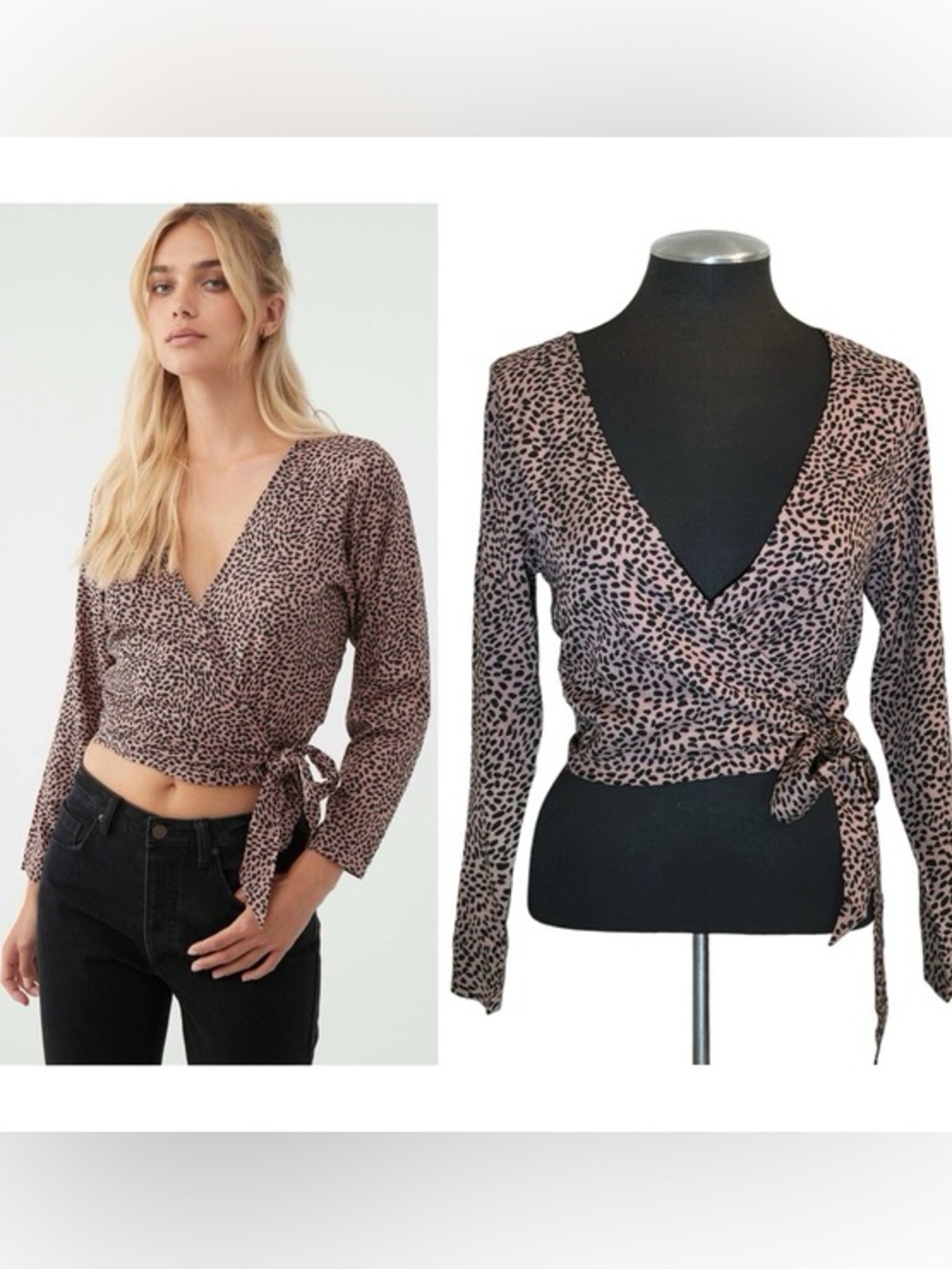 Womens O’NEILL Leopard Print Wrap Crop Top - Rosy/Tan and Black